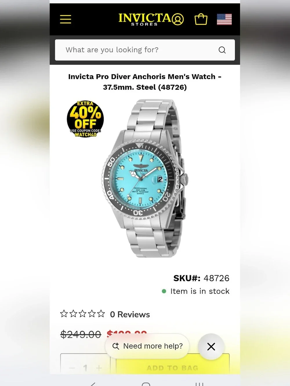 298. Invicta Pro Diver Anchoris Men's Watch - 37.5mm. Steel (48726)